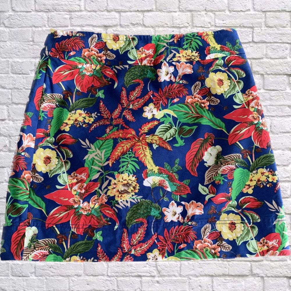 Talbots Tropical Floral Print Skirt Royal Blue Womens 10 A-Line